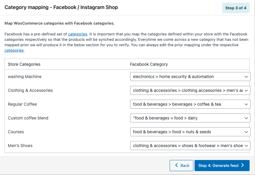 Cartographie des catégories pour les flux de produits WooCommerce Facebook