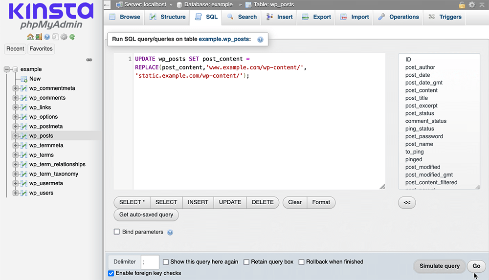 屏幕截图:使用 phpMyAdmin 更新 WordPress 数据库中的内容。