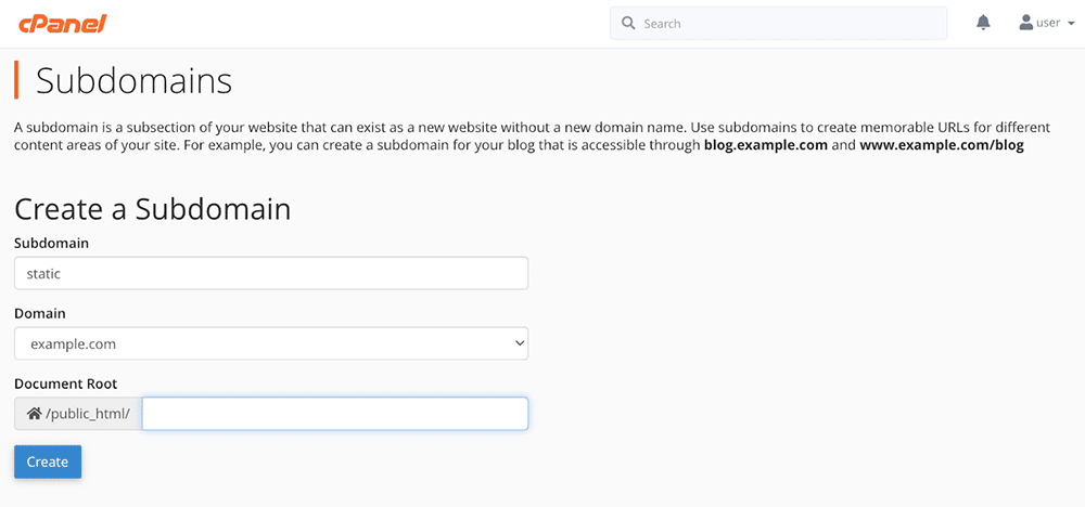 在 cPanel 中创建子域