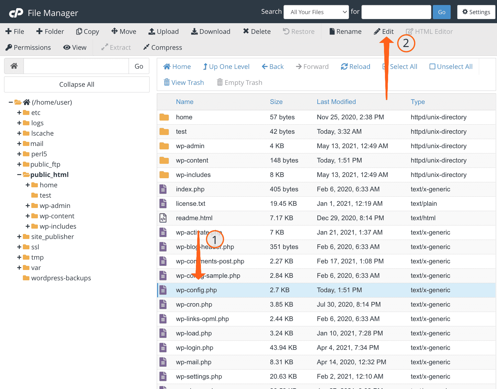 在 cPanel 文件管理器工具中找到 wp-config.php 文件