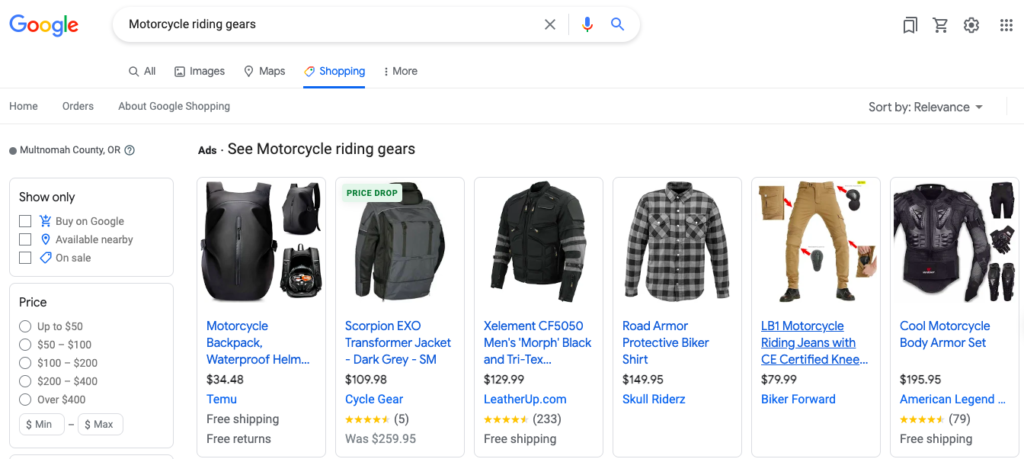 Un ejemplo de la página de Google Shopping