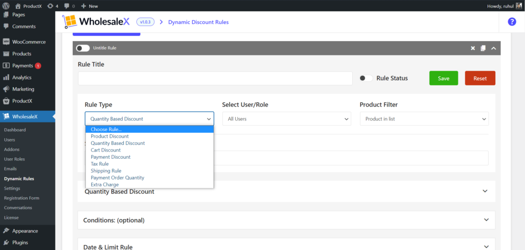 WholesaleX 6으로 WooCommerce 세금 면제를 설정하는 방법 WholesaleX Rule Type Selection