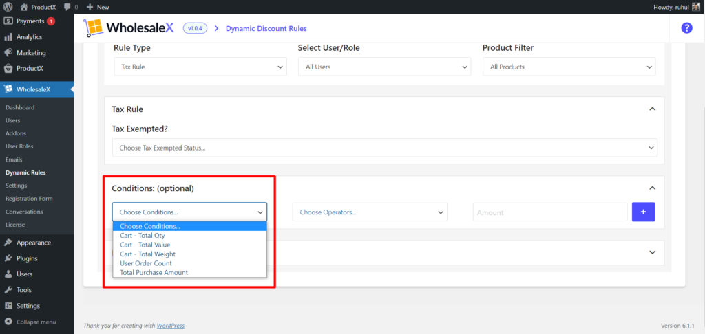 WholesaleX 10으로 WooCommerce 세금 면제를 설정하는 방법 WholesaleX Additional Conditions