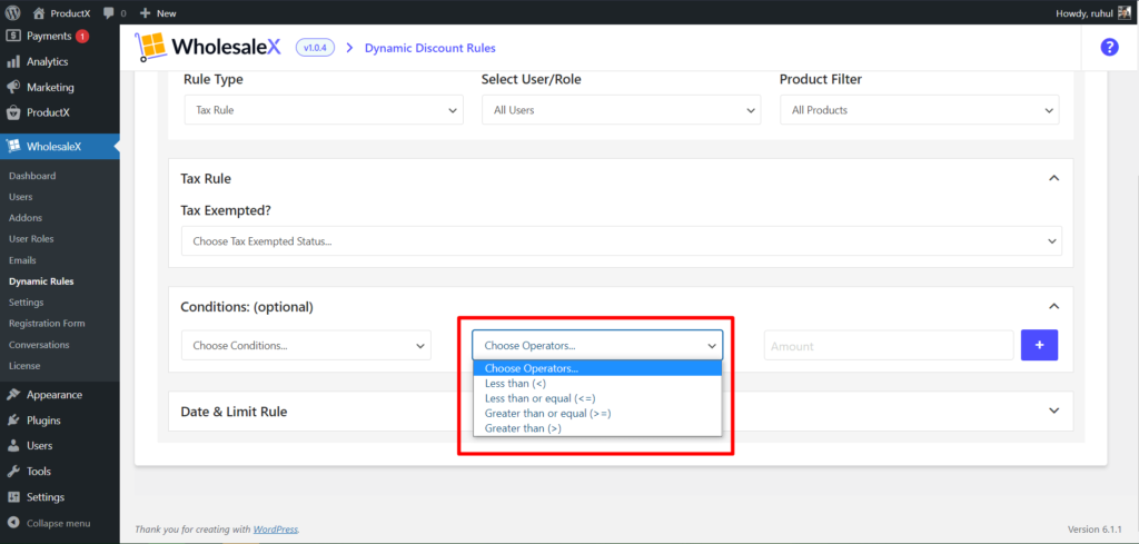 WholesaleX 11로 WooCommerce 세금 면제를 설정하는 방법 WholesaleX Additional Conditions Operators