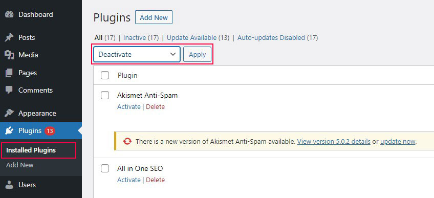 ปิดใช้งานปลั๊กอิน WordPress ทั้งหมด