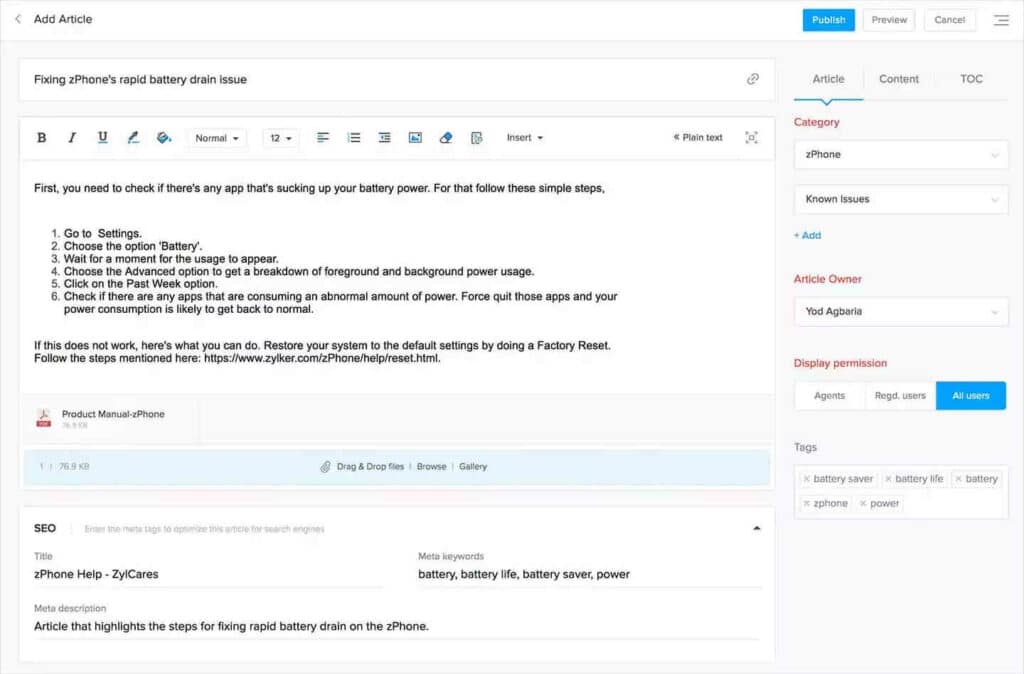 مثال لقاعدة المعرفة تم إنشاؤه باستخدام Zoho Desk