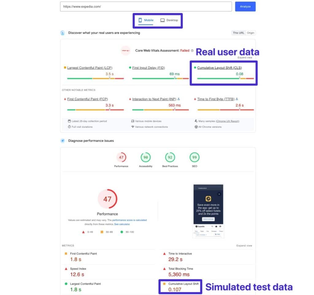 Pontuações cumulativas de mudança de layout no PageSpeed Insights.