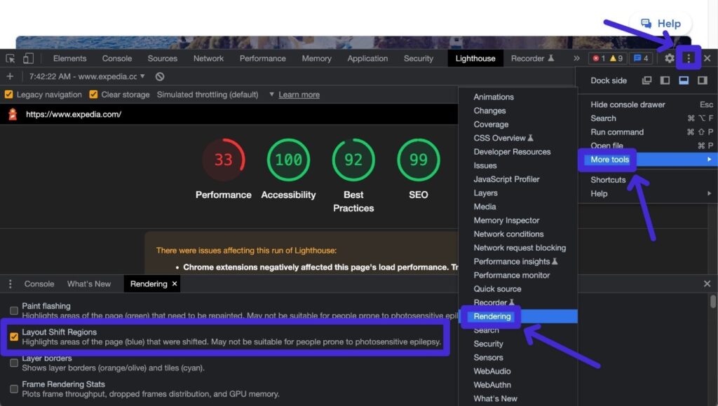 Como exibir a renderização CLS nas Ferramentas do desenvolvedor.