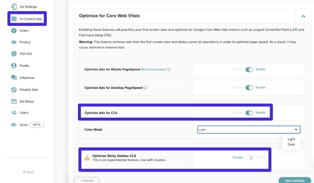 Configuração do Mediavine Optimize Ads for CLS.
