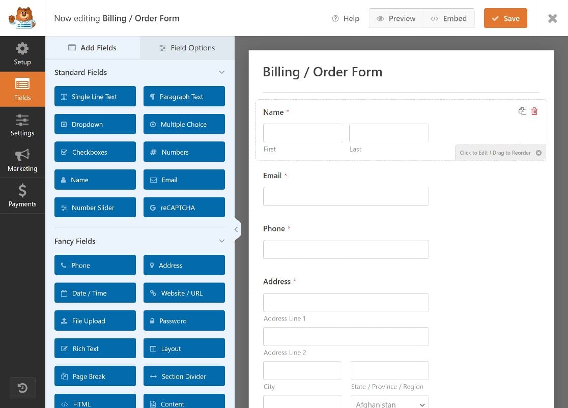 WPForms Billing Form template in the form builder