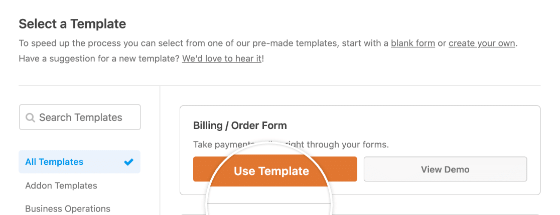 Selecting the Billing/Order Form template