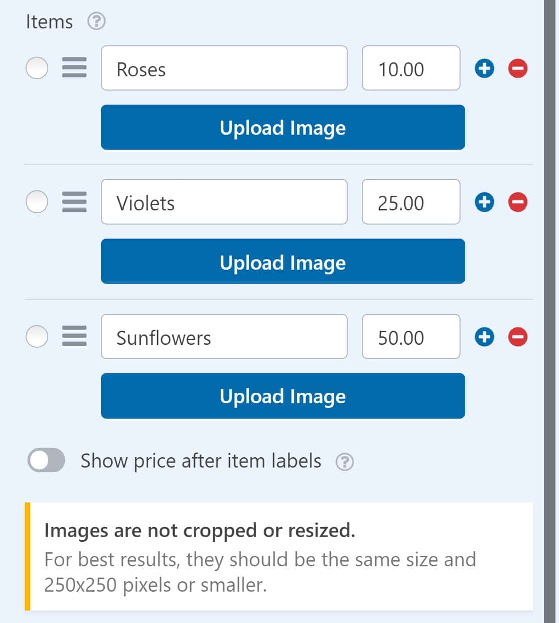Multiple items image upload fields