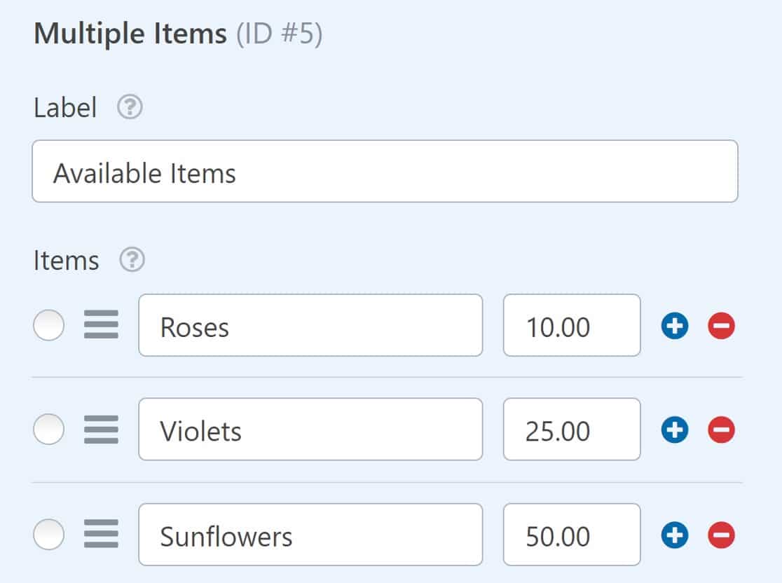 Multiple Items form field labels