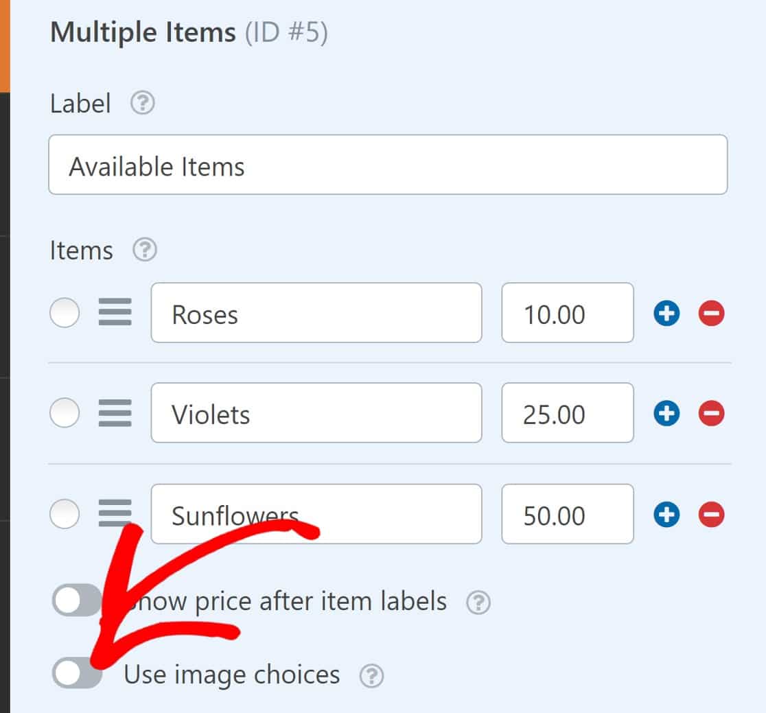 Multiple Items field use images option