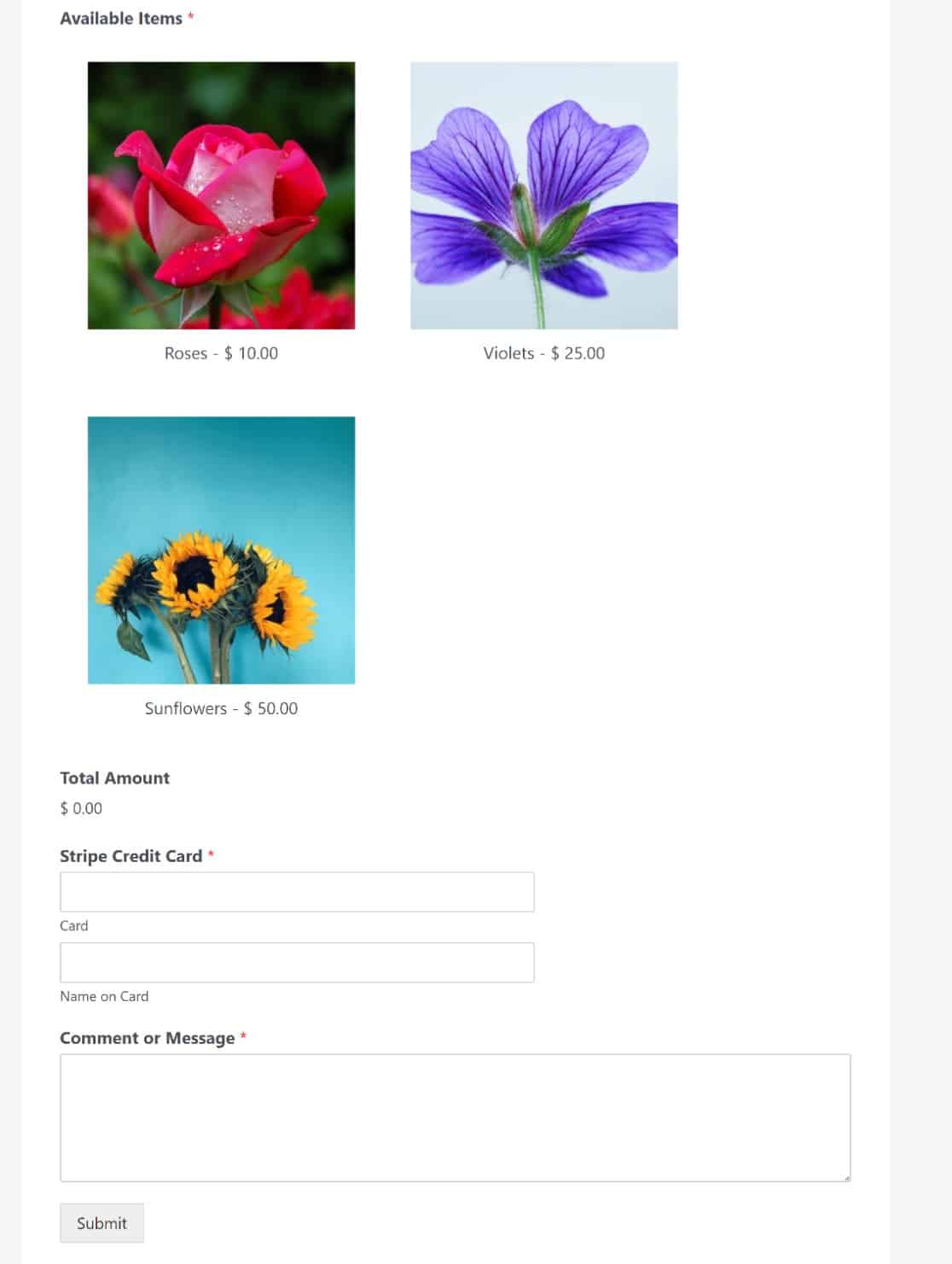 eCommerce form on the frontend