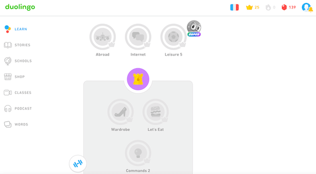 ロックされたレベルを表示している Duolingo のページ