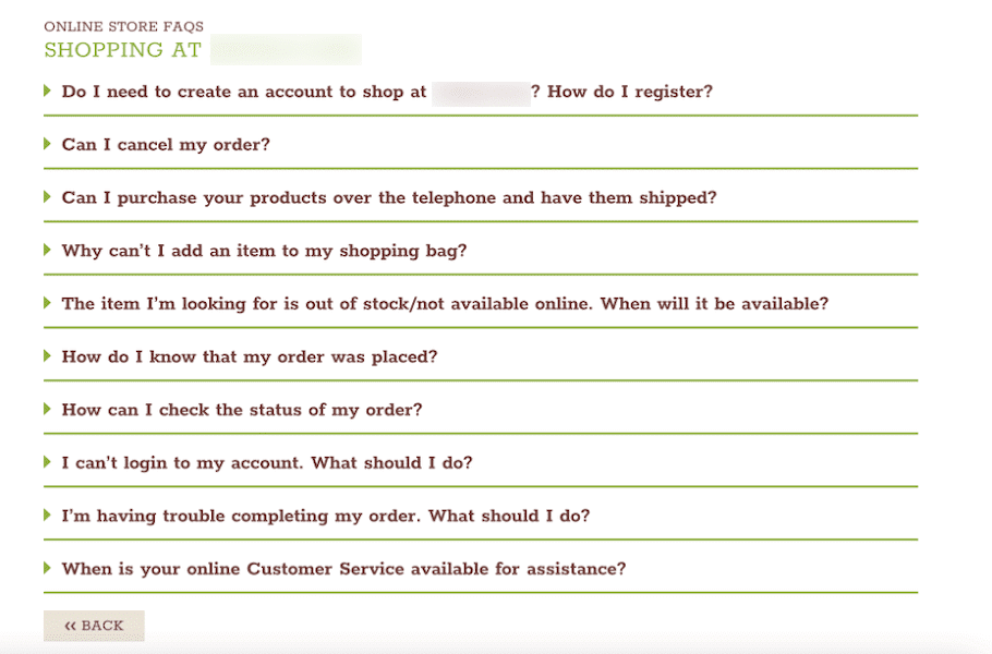 Screenshot che mostra la sezione FAQ di Eataly sul loro sito web