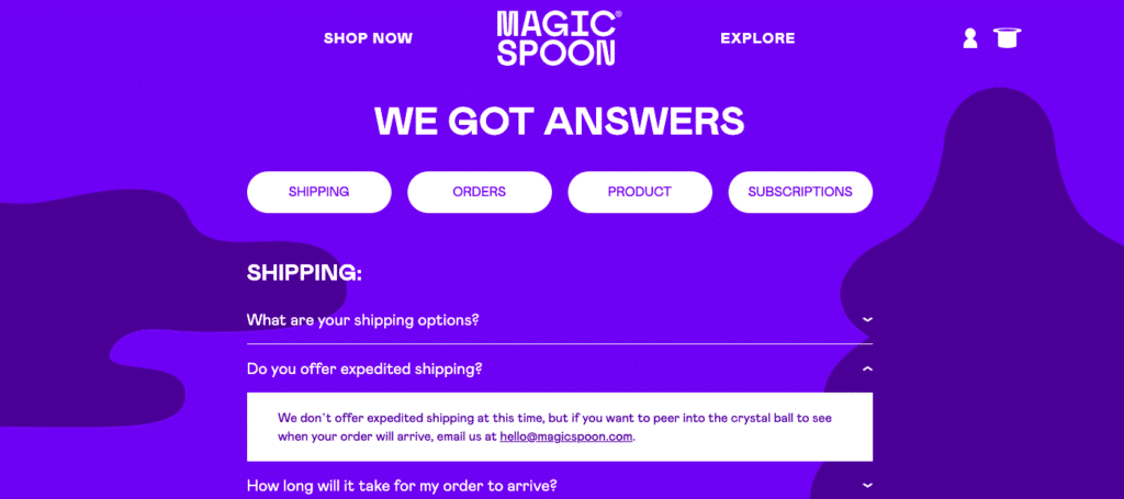Screenshot che mostra la ben organizzata pagina delle FAQ di Magic Spoon