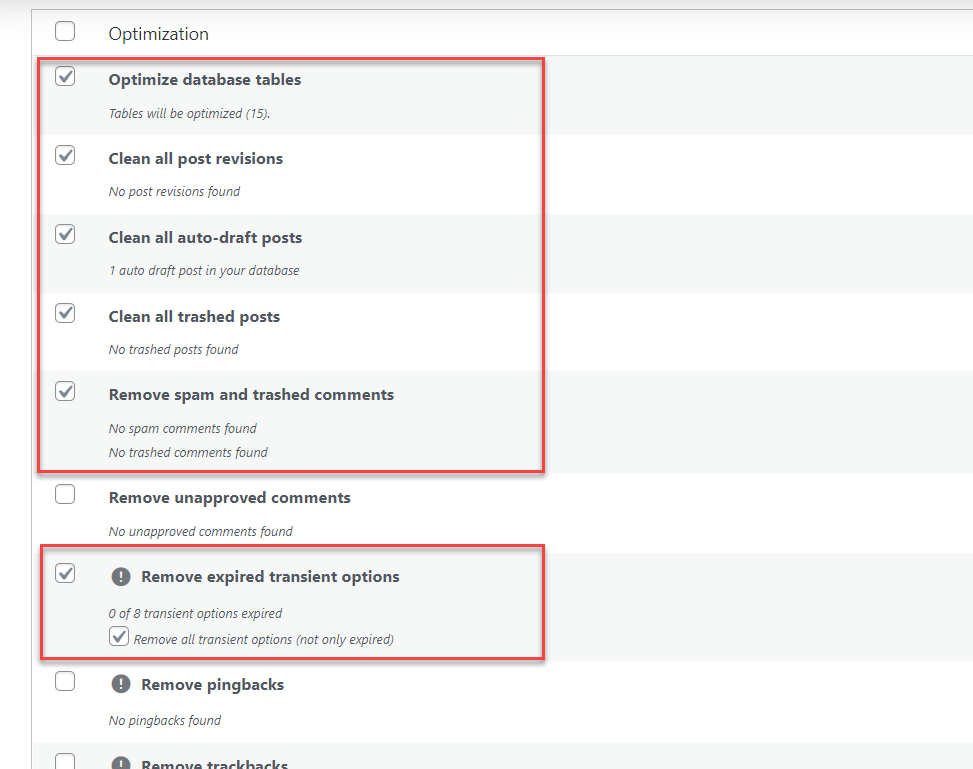 optimiser les règles sélectionnées - optimiser la base de données wordpress