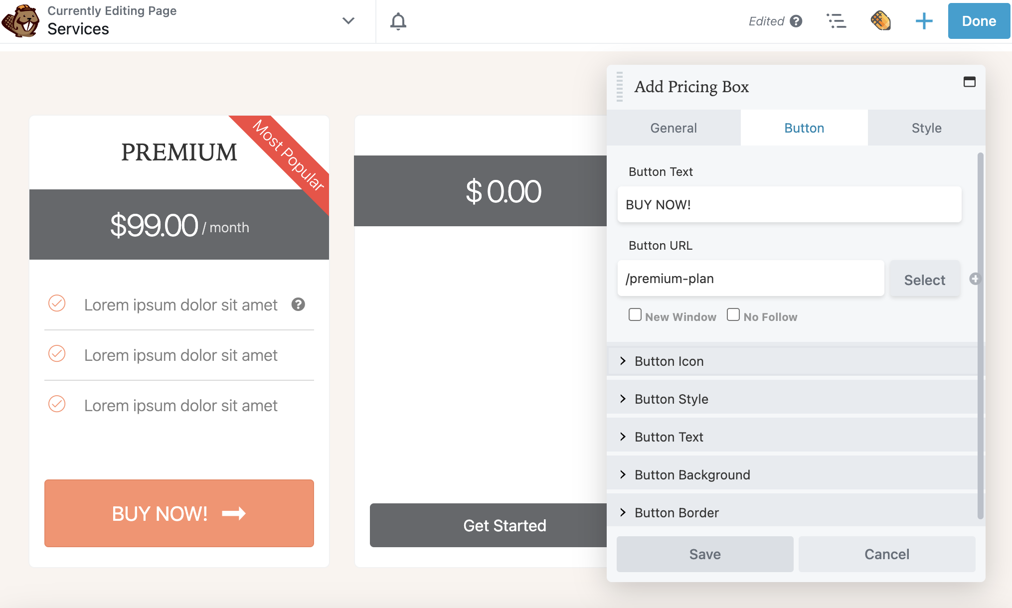 การตั้งค่าปุ่มกล่องราคา Beaver Builder