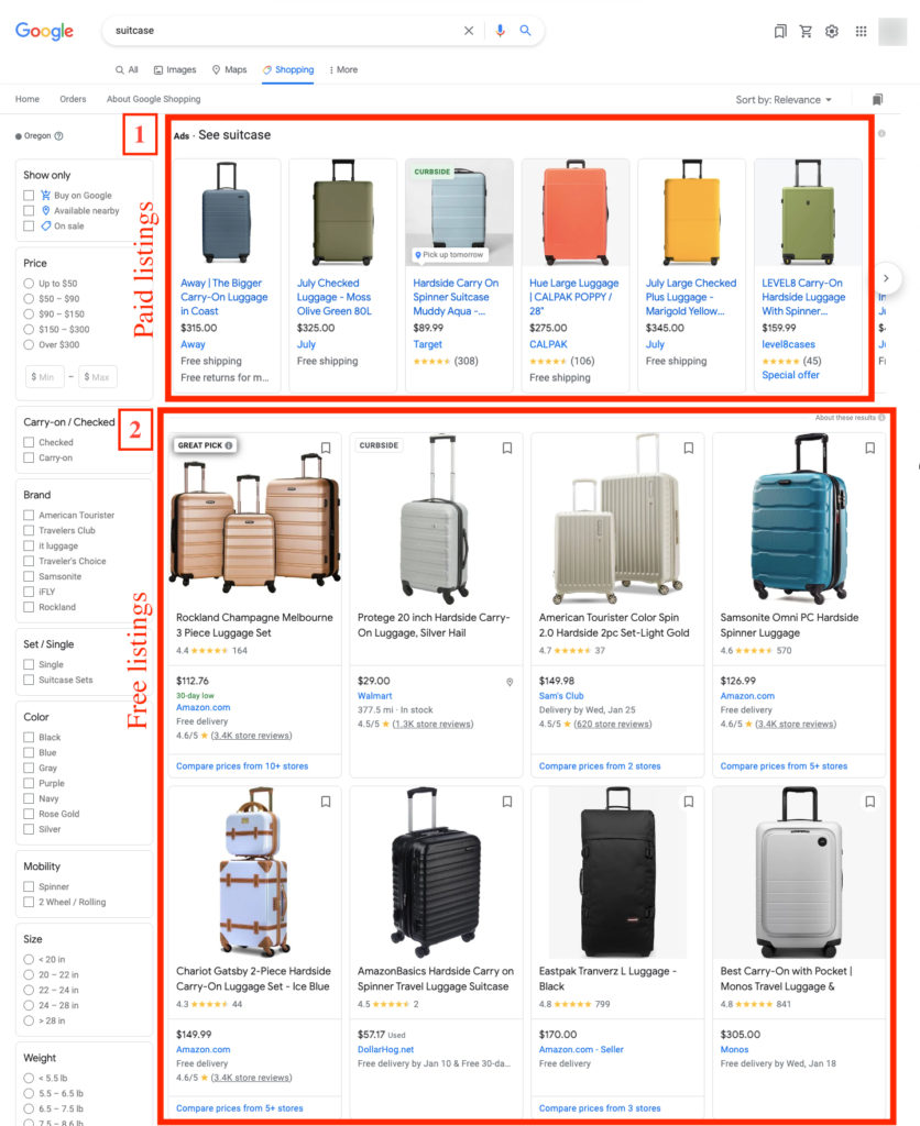 Anuncio gratuito en la página de Google Shopping