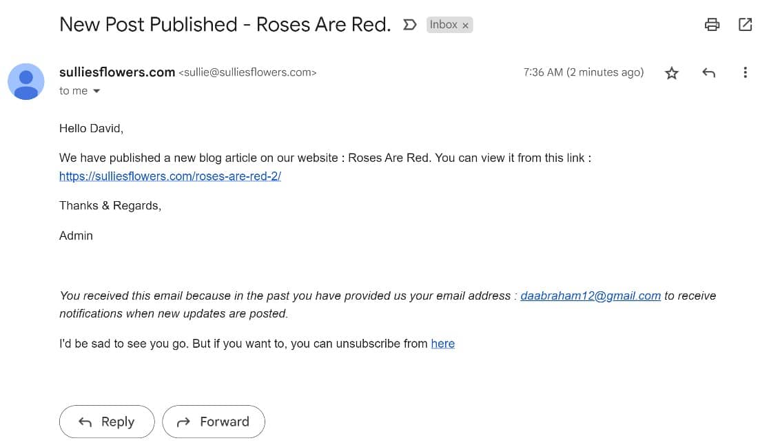 Blog post publication notification in email