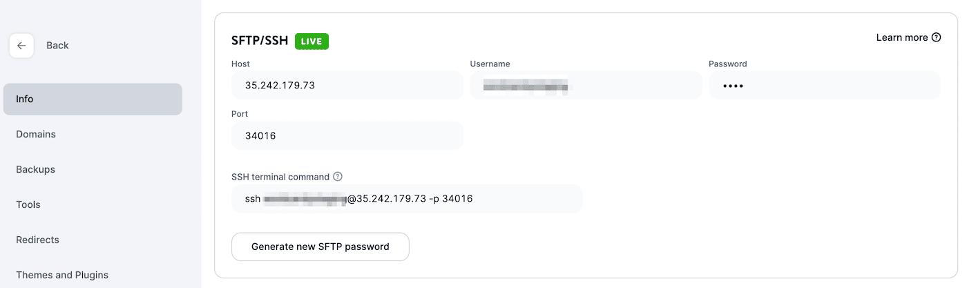 MyKinsta SFTP 登录凭据