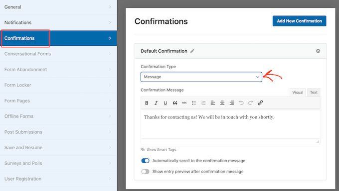Eine Bestätigungsnachricht für ein benutzerdefiniertes Formular wird angezeigt Showing a custom form confirmation message