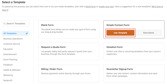 Die WPForms Simple Contact-Vorlage The WPForms Simple Contact template