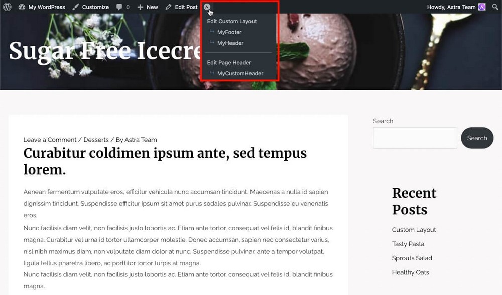 Linkuri de editare rapidă pentru machete personalizate și antet de pagină