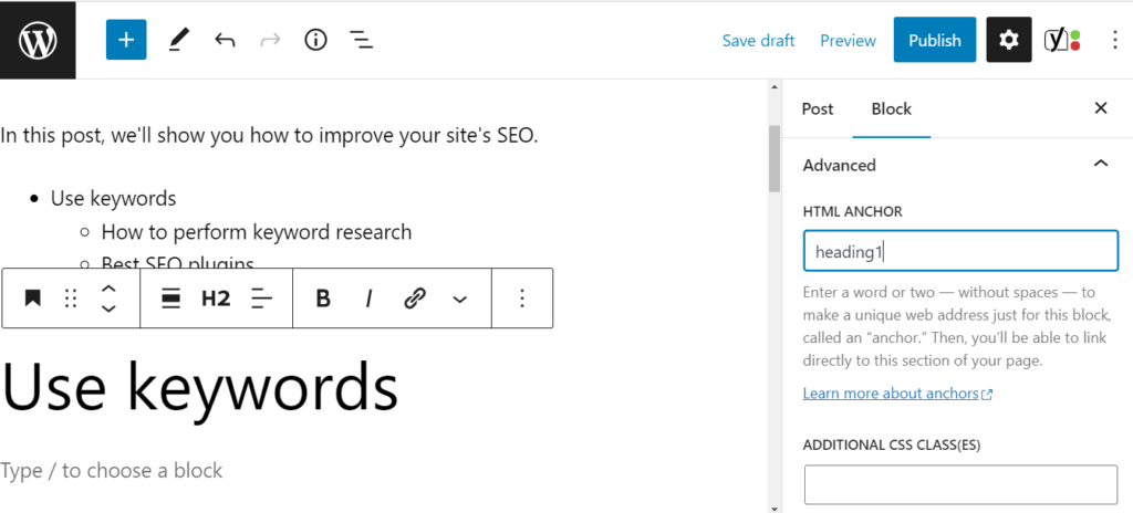 Agregar un ancla HTML en WordPress