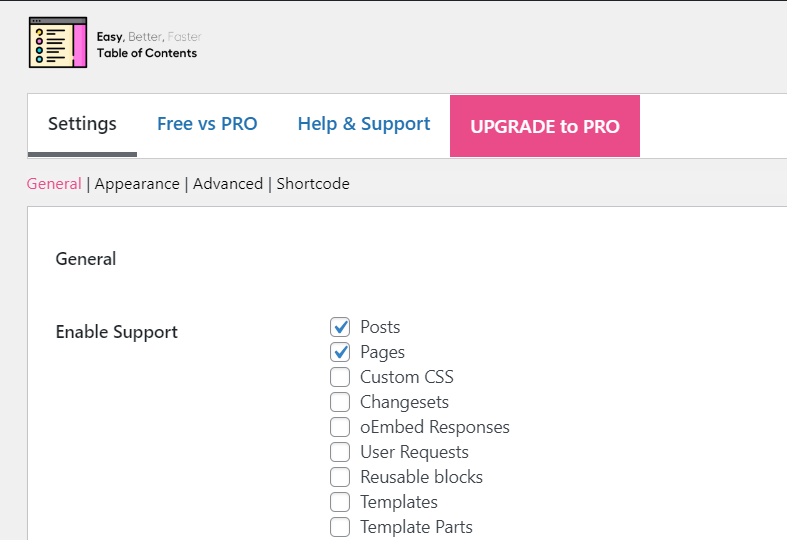 La configuración del complemento para Easy Table of Contents