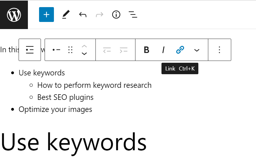 Agregar un enlace a un elemento de lista en el Editor de bloques