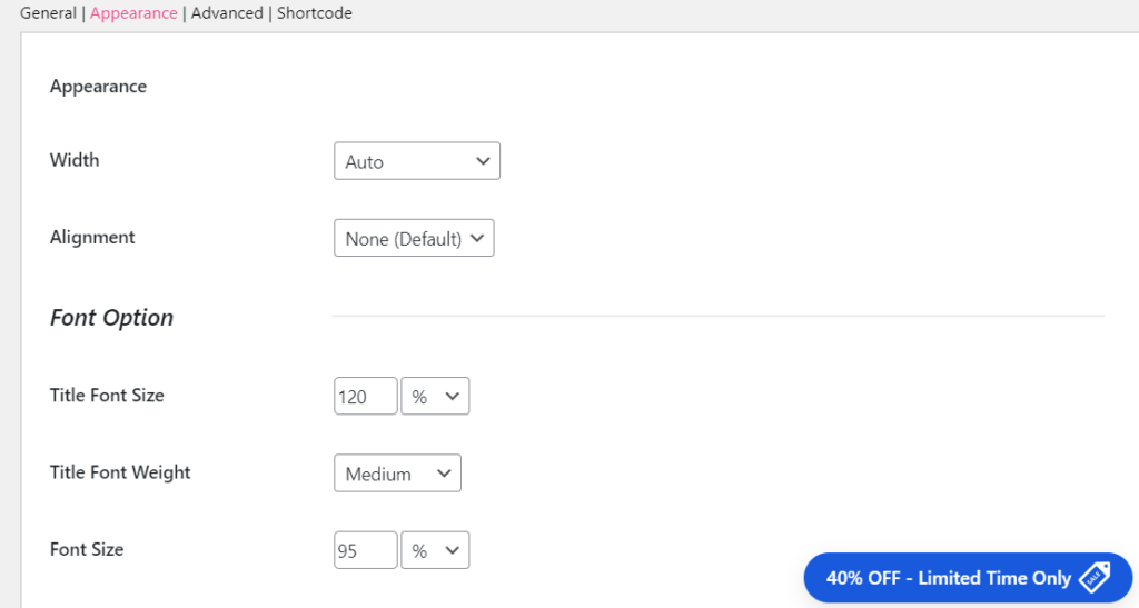 La configuración de Apariencia en Easy Table of Contents.