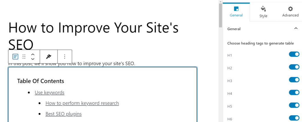 Personalización del bloque de tabla de contenido en WordPress