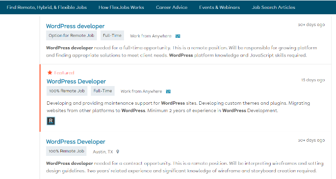 Lo sviluppatore di WordPress pubblica su FlexJobs WordPress developer posts on FlexJobs