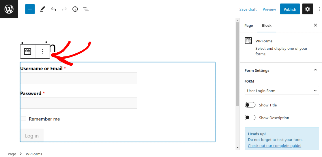 A red arrow pointing to the block settings