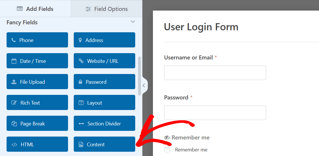 A red arrow pointing to the content field