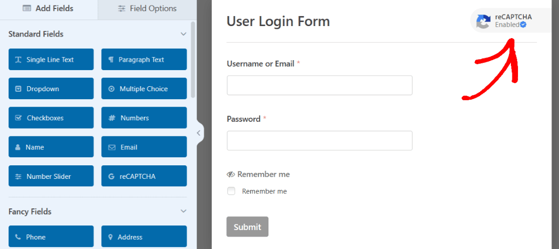 A red arrow pointing to the reCAPTCHA icon