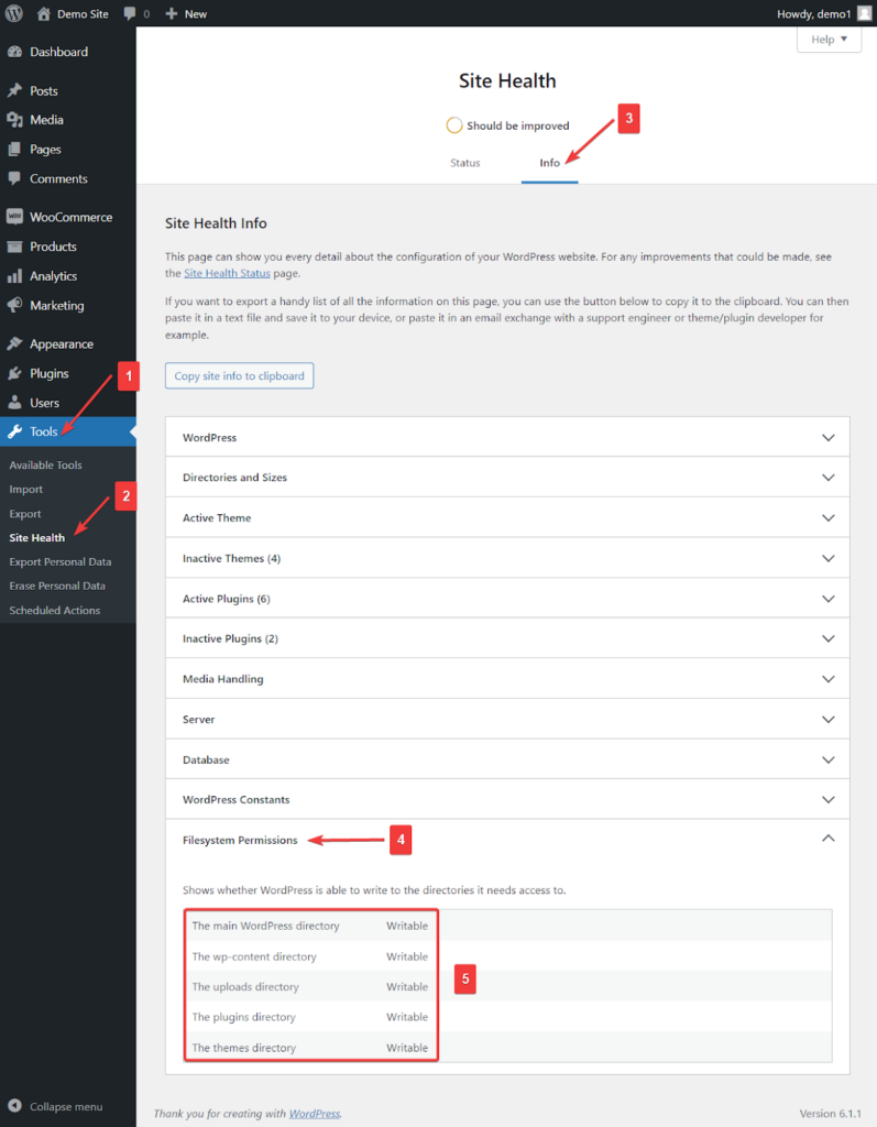 WordPress 사이트 상태를 통해 파일 및 폴더 권한 확인