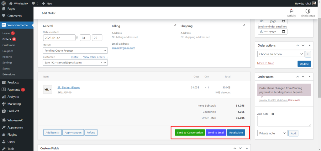 WooCommerce Solicitați o cotație: obțineți cel mai bun preț instantaneu cu WholesaleX! 12 Sending Quotation to Registered User