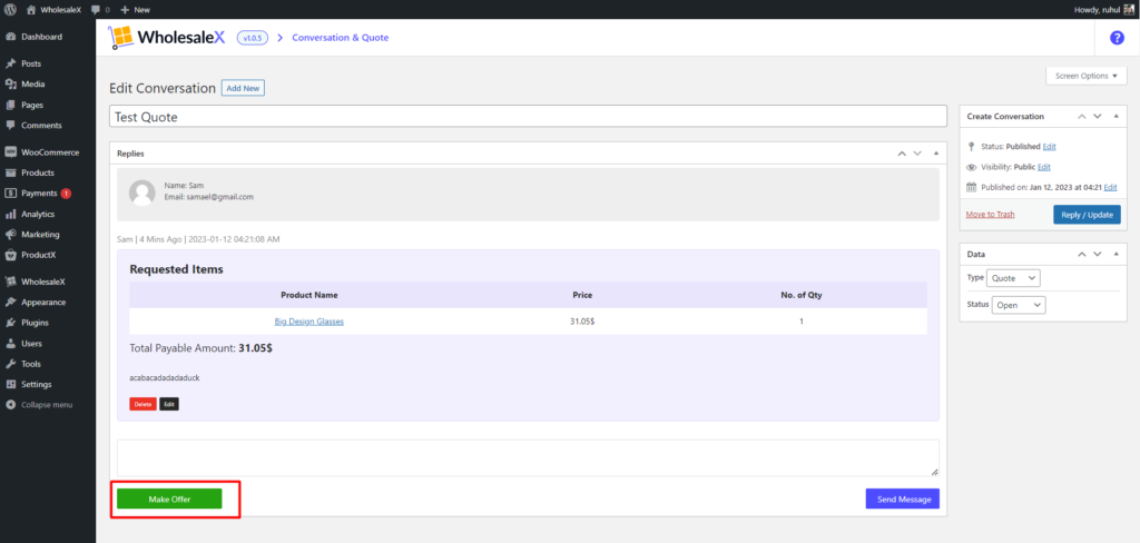 WooCommerce Solicitați o cotație: obțineți cel mai bun preț instantaneu cu WholesaleX! 9 Request a Quote Detailed View from Admin Panel