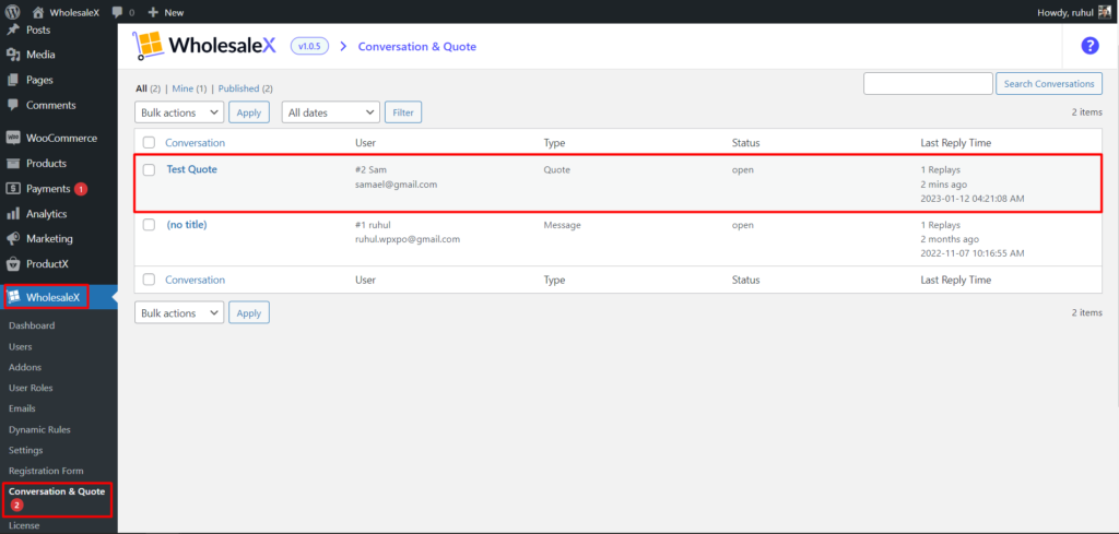 WooCommerce Solicitați o cotație: obțineți cel mai bun preț instantaneu cu WholesaleX! 8 Request a Quote General View from Admin Panel