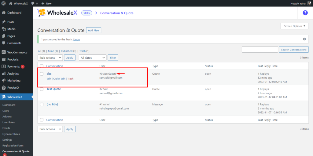 WooCommerce Solicitați o cotație: obțineți cel mai bun preț instantaneu cu WholesaleX! 17 Guest User Quotation General View from Admin Panel