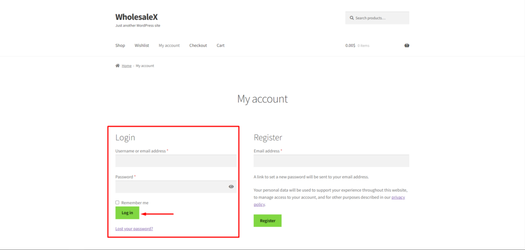 WooCommerce Solicitați o cotație: obțineți cel mai bun preț instantaneu cu WholesaleX! 4 WholesaleX Log In Page for Registered User
