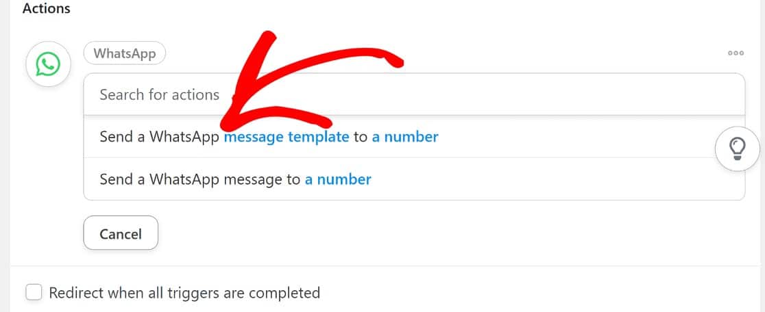 Select send WhatsApp message template to a number