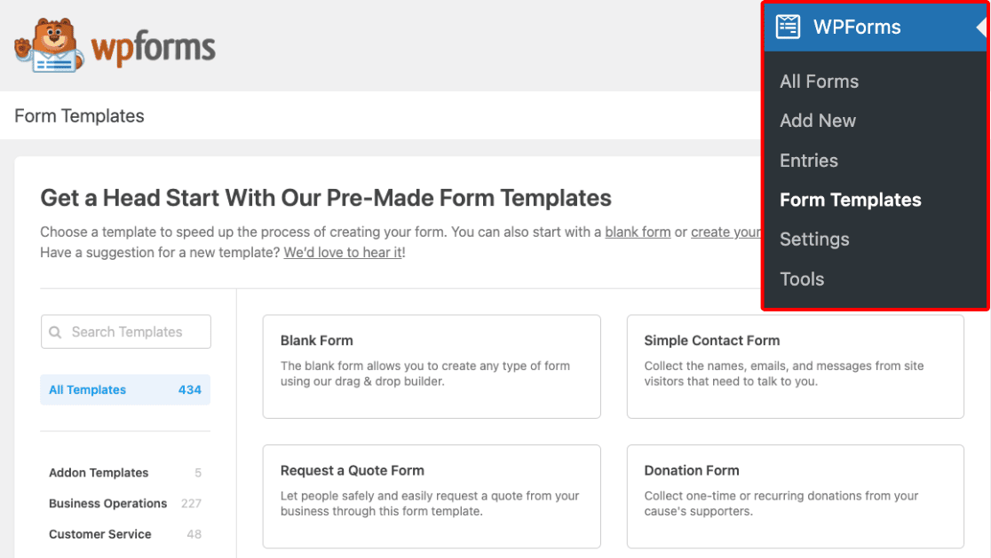 Click WPForms first then click Form Templates