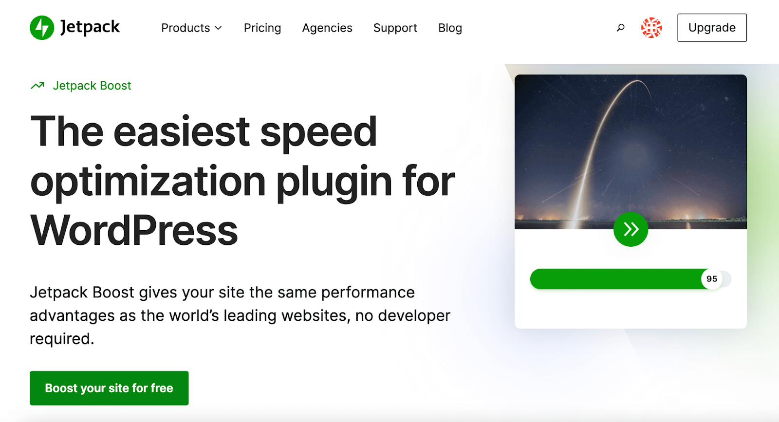 Home page di Jetpack Boost con il testo "il plug-in di ottimizzazione della velocità più semplice per WordPress"