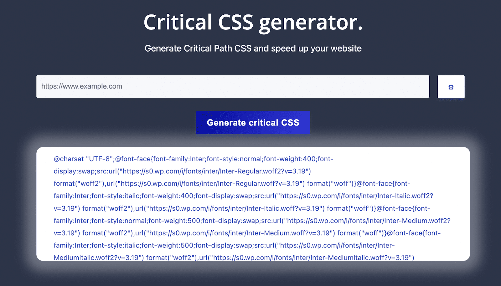 CSS critico generato per un sito