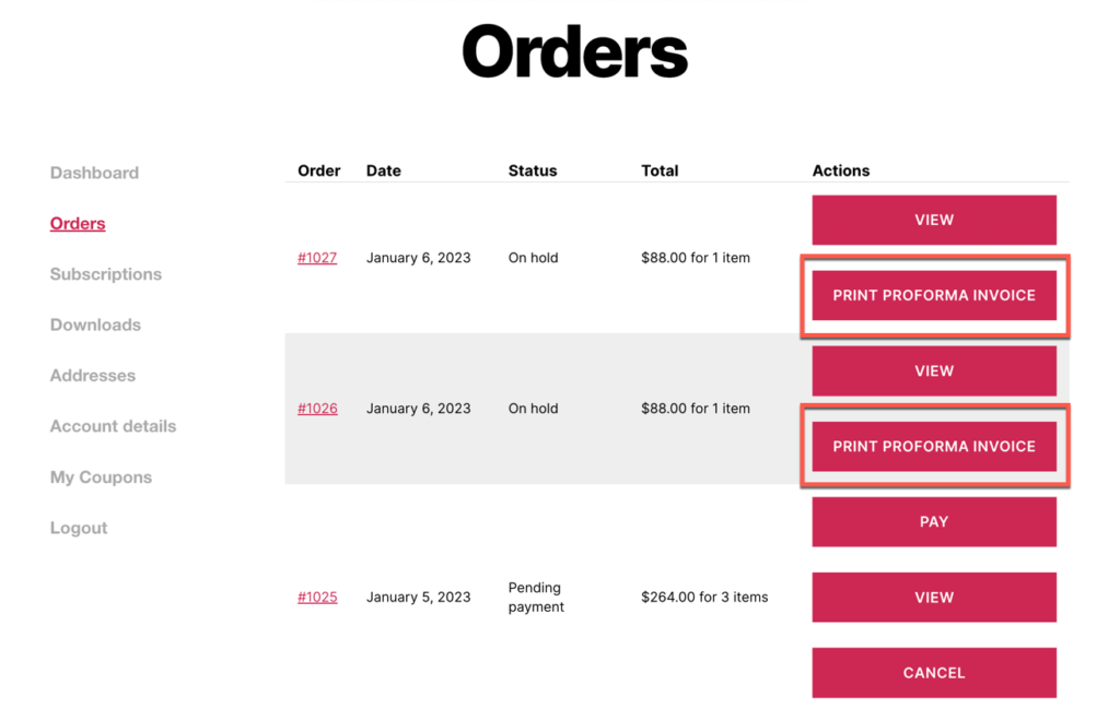 option d'impression de facture proforma